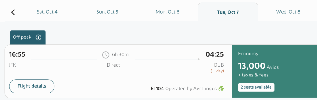 Booking cost using Avios with Aer Lingus